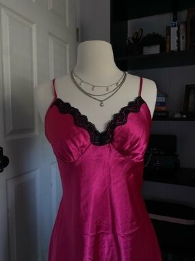 Fuchsia Satin Slip Dress with Black Lace Trim
